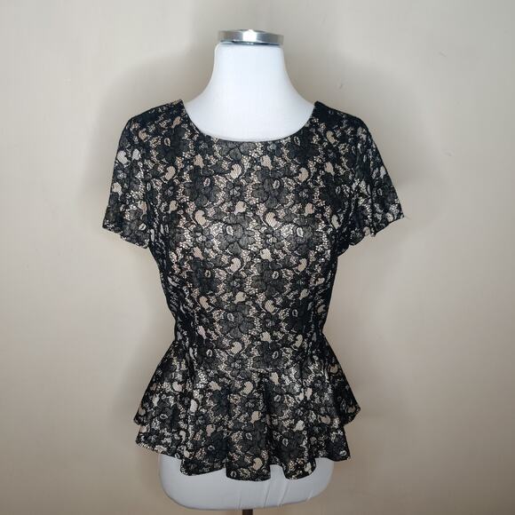 Mango Lace Peplum Top Short Sleeve Black Nude Blouse - Picture 1 of 8